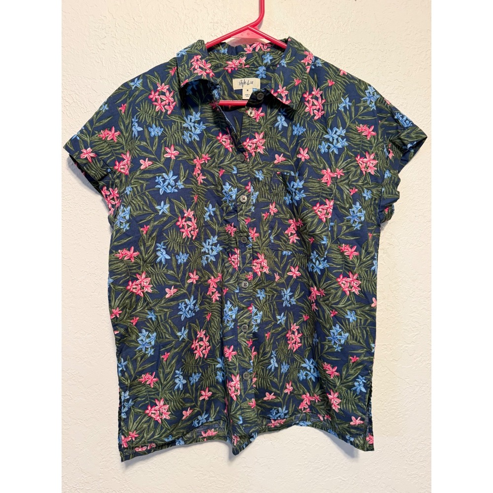 Style & Co Womens Navy Blue Tropical Floral Cotton Button Up Shirt Medium